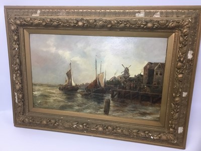 Lot 208 - Continental school, late 19th century, oil on canvas, boats off a quay, signed Thompson, 51 x 81cm, gilt frame