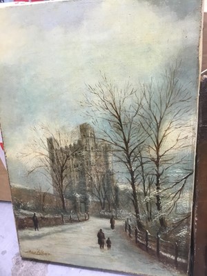 Lot 234 - Victorian oil on canvas of figures before a castle in the snow and a portrait oil on canvas