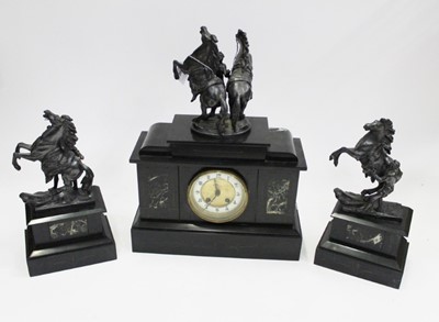 Lot 1882 - Antique slate and marble clock garniture, decorated with shelter figures of rearing horses, the dial signed Boorman & Son Gravesend, the clock measuring 48cm height