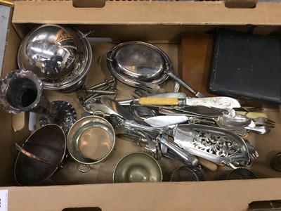 Lot 260 - Assorted silver plated cutlery, Old Sheffield plate sugar basket, brass and metalware