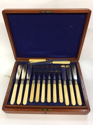 Lot 692 - Silver plated fish knives and forks in fitted case, together with two silver fish knives