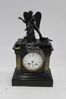 Lot 1885 - Antique slate mantel clock with a figure of Father Time, together with a slate and marble mantel clock and a modern glass cased clock (3)