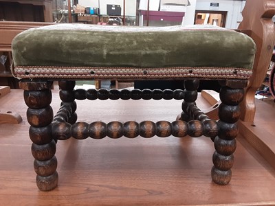 Lot 1138 - Oak stool with tapestry top on bobbin turned legs and one other stool (2)