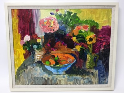 Lot 311 - Annelise Firth (b.1961) oil on board - still life with blue bowl, signed verso and dated 2018, framed, 39cm x 49cm p