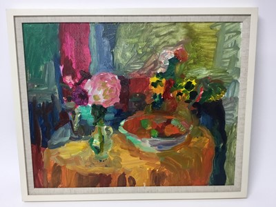 Lot 312 - Annelise Firth (b.1961) oil on board - still life of flowers and a bowl, signed verso, framed, 39cm x 49cm