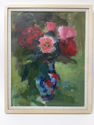 Lot 313 - Annelise Firth (b.1961) oil on board - still life of roses in a vase, signed verso and dated 2020, framed, 44cm x 34cm