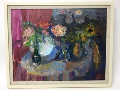 Lot 314 - Annelise Firth (b.1961) oil on board - still life of flowers, signed verso, framed, 34.5cm x 44.5cm