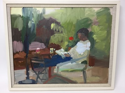 Lot 315 - Annelise Firth (b.1961) oil on board - figure reclining in a garden, signed verso, framed, 39cm x 49cm