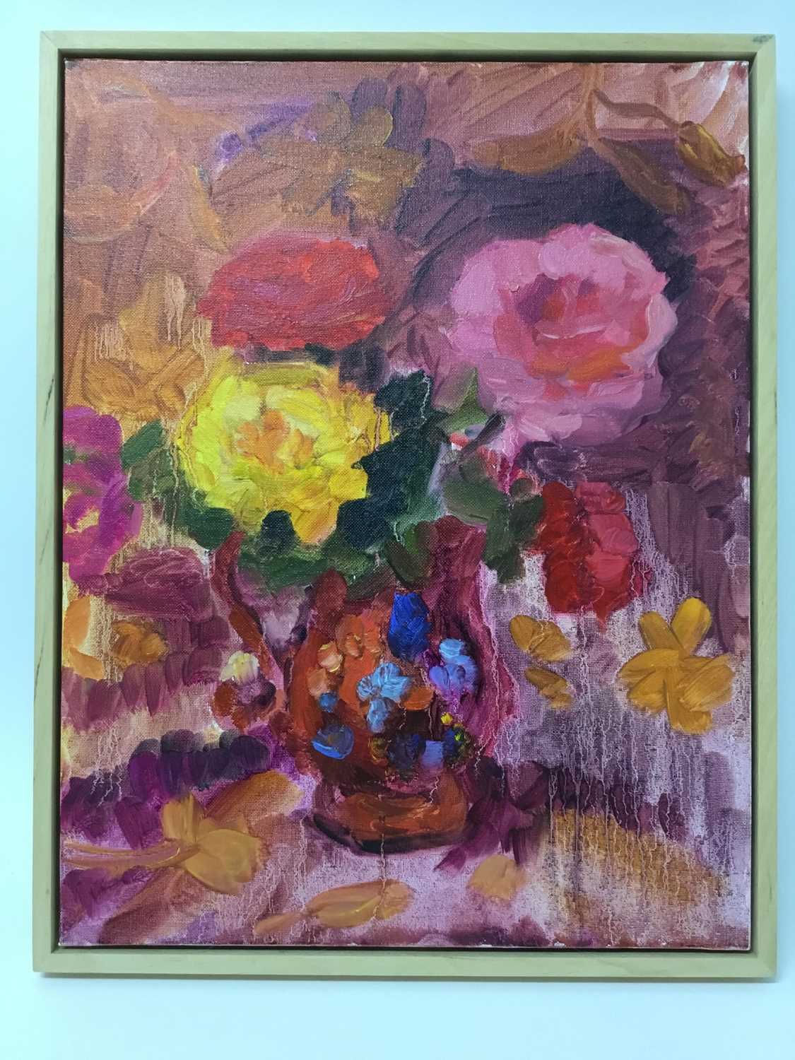 Lot 24 - Annelise Firth (b.1961) oil on board - still life of roses in a lustre jug, signed verso, framed, 45.5cm x 35.5cm