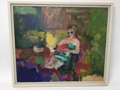 Lot 319 - Annelise Firth (b.1961) oil on board - figure in a summer garden, signed verso, framed, 49cm x 59cm