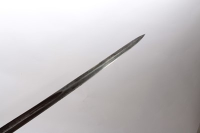 Lot 312 - Victorian 1827 Pattern Rifle Regiment Officers' sword with steel Gothic hilt , etched fullered blade in steel mounted leather scabbard ( chape lacking )