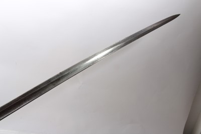 Lot 312 - Victorian 1827 Pattern Rifle Regiment Officers' sword with steel Gothic hilt , etched fullered blade in steel mounted leather scabbard ( chape lacking )