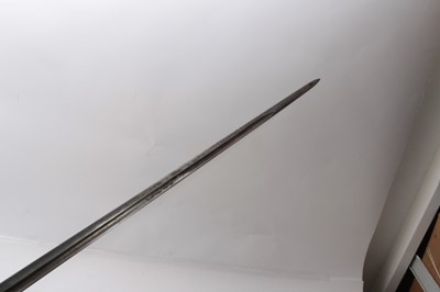 Lot 315 - First World War George V 1912 Pattern Cavalry Officers' sword with scroll engraved bowl guard, plain straight blade sharpened for active service in pigskin scabbard.