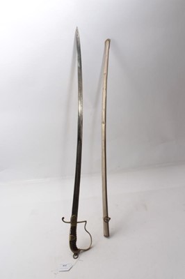 Lot 319 - First World War Turkish officers' sabre with plated stirrup hilt and star and crescent langet , plated blade with etched Turkish arms and military trophies in nickel plated scabbard