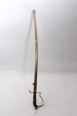 Lot 319 - First World War Turkish officers' sabre with plated stirrup hilt and star and crescent langet , plated blade with etched Turkish arms and military trophies in nickel plated scabbard