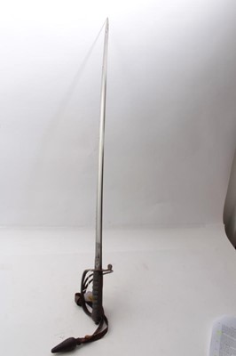 Lot 321 - First World War Royal Artillery Officers' sword with three bar hilt and leather knot, plain slightly curved fullered blade sharpened for active service in pigskin scabbard
