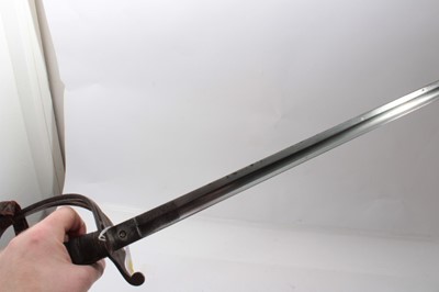 Lot 321 - First World War Royal Artillery Officers' sword with three bar hilt and leather knot, plain slightly curved fullered blade sharpened for active service in pigskin scabbard