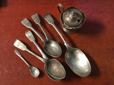 Lot 702 - Six assorted Georgian, Victorian and later spoons and a silver mustard pot, 4.6ozs