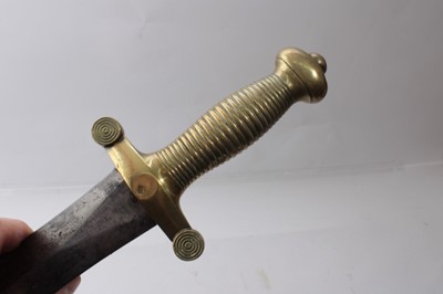 Lot 323 - 19th century French Artillery Gladius sidearm with ribbed brass hilt , leaf-shaped blade in brass mounted leather scabbard