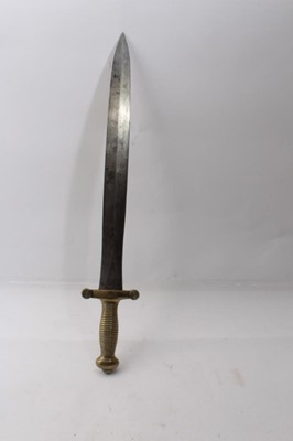 Lot 323 - 19th century French Artillery Gladius sidearm with ribbed brass hilt , leaf-shaped blade in brass mounted leather scabbard