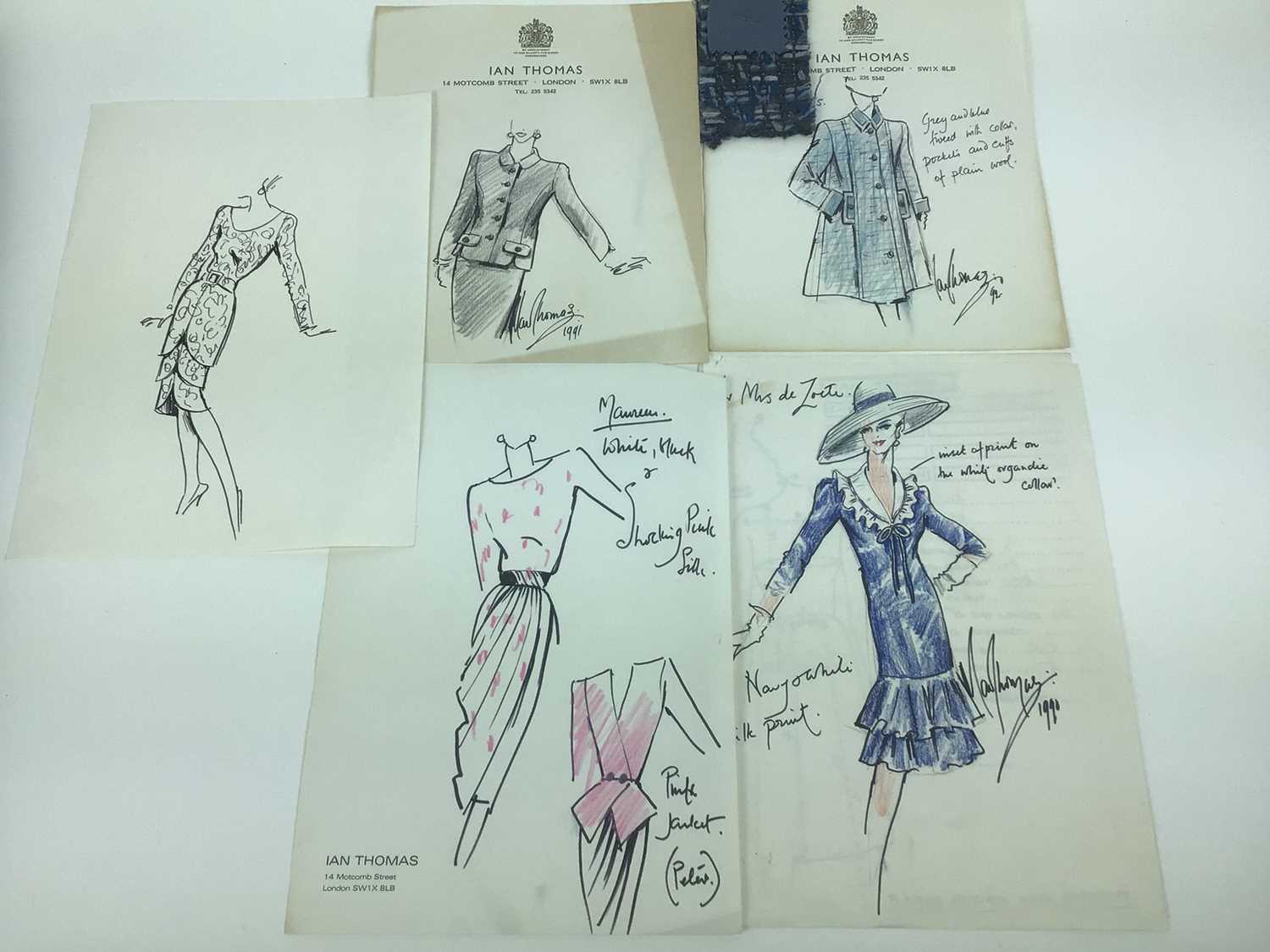 Lot 1813 - Five original fashion designs by Ian Thomas - the Queens fashion designer