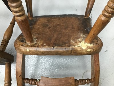 Lot 62 - Victorian elm and beech kitchen elbow chair with knife bar back together with two matching kitchen chairs