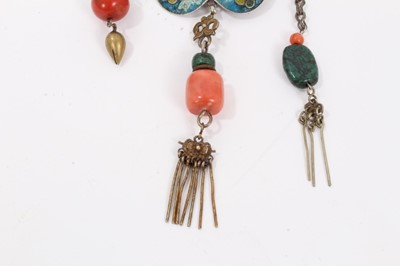 Lot 1 - Chinese white metal enamelled open work panel necklace set with three coral cabochons and further coral and turquoise beads suspended from panel. The chain also set with coral, lapis lazuli and gre...