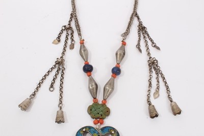 Lot 1 - Chinese white metal enamelled open work panel necklace set with three coral cabochons and further coral and turquoise beads suspended from panel. The chain also set with coral, lapis lazuli and gre...