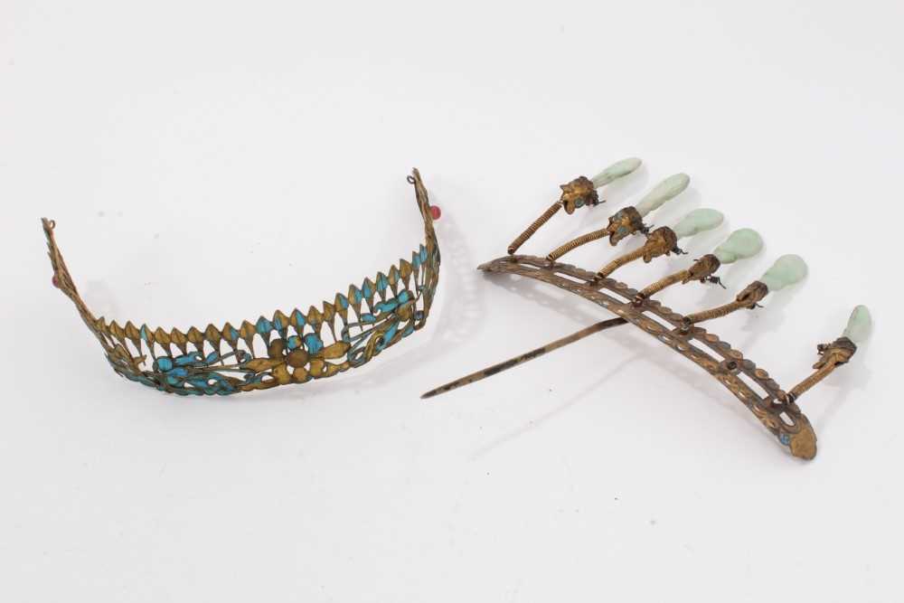 Lot 5 - 19th c. Chinese gilt metal kingfisher feather tiara and Chinese gilt metal and jade hair ornament