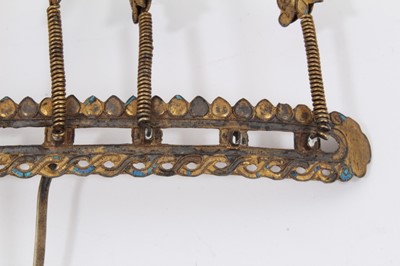 Lot 5 - 19th c. Chinese gilt metal kingfisher feather tiara and Chinese gilt metal and jade hair ornament