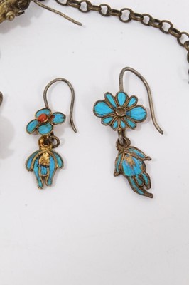 Lot 7 - Old Chinese gilt metal and kingfisher feather earrings and jewellery parts