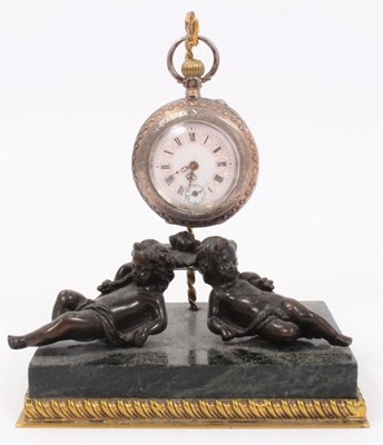 Lot 375 - 19th century bronze and ormolu watch stand with silver (800) pocket watch