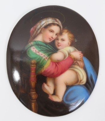 Lot 376 - Late 19th century Continental porcelain oval plaque with the Madonna and child