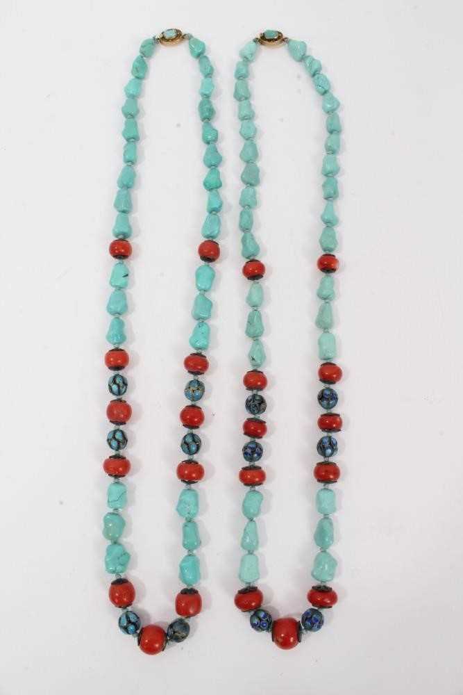 Lot 9 - Two turquoise, coral and cloisonné bead necklaces