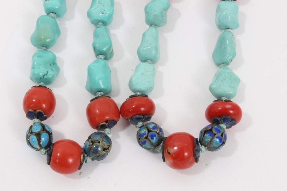 Lot 9 Two turquoise, coral and cloisonné bead