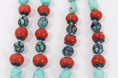 Lot 9 - Two turquoise, coral and cloisonné bead necklaces