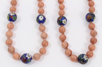 Lot 10 - Two Chinese pink hard stone and cloisonné bead necklaces, plus two cloisonné bangles