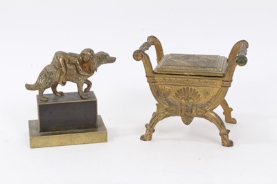 Lot 381 - Late 19th/early 20th century French box in the form of a stool, together with a paperweight of a child and dog