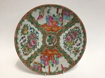 Lot 129 - Cantonese famille rose charger, fish gluggle jug and a glass millefiori bowl