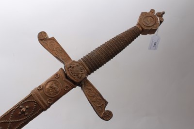Lot 332 - Impressive Victorian theatrical parade sword with gilt metal mounts, cruciform hilt with Royal Arms to crossguard and velvet covered and gilt brass mounted scabbard ( no blade) 140 cm overall