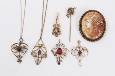 Lot 13 - Victorian seed pearl pendant, Edwardian open work pendant, three other similar pendants, stick pin and cameo brooch