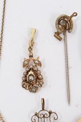 Lot 13 - Victorian seed pearl pendant, Edwardian open work pendant, three other similar pendants, stick pin and cameo brooch