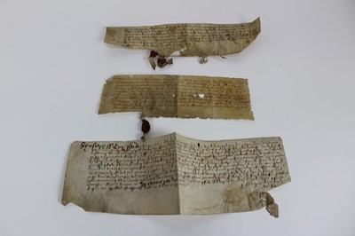 Lot 1129 - Two 15th / 16th century indentures on vellum together with another dated 1637