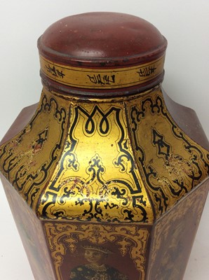 Lot 200 - Fine pair of 19th century toleware tea canisters and covers of octagonal form with original chinoiserie ornament, stamped G. Sutcliffe, Maker, Manchester, 44cm high
