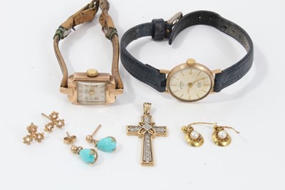Lot 27 - Two 9ct gold cased wristwatches, 9ct gold diamond set cross pendant and three pairs 9ct gold earrings