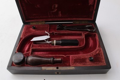 Lot 373 - Fine cased pair Mid-19th century Belgian percussion muff pistols with off set box locks, turn off octagonal rifled barrels with Liege proofs , concealed triggers and ebony bag grips with concealed...