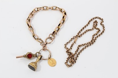 Lot 38 - Victorian 9ct rose gold belcher link chain and Victorian yellow metal bracelet with three charms