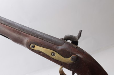 Lot 374 - 19th century East India Company Percussion cavalry pistol with EIC lion crest on the lock, .650 carbine bore barrel with London proof , brass mounted walnut stock with steel swivel ramrod and stee...