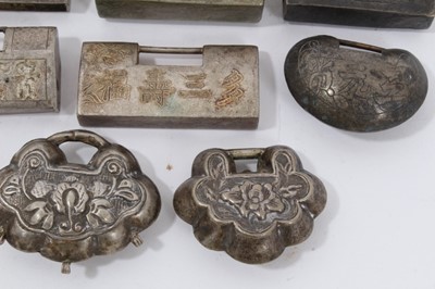 Lot 45 - Collection of 15 Chinese silver, white metal and brass padlock style pendants
