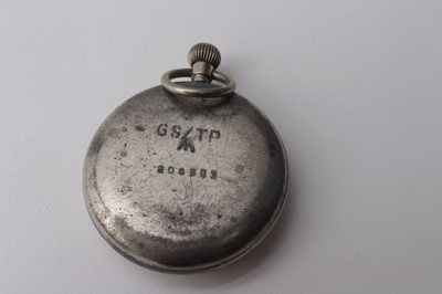 Lot 203 - Second World War G.S.T.P open face pocket watch, with white enamel dial, luminous Arabic numerals, minute, subsidiary seconds and button wind movement, rear of case, stamped G.S.T.P, 204983 togethe...